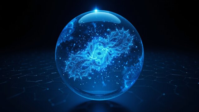 Glowing blue ball with a galaxy inside, symbolizing the universe.