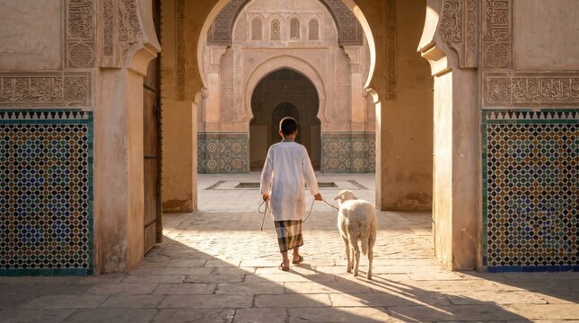 Young child and sheep walking through ancient Moroccan archway in historic building.