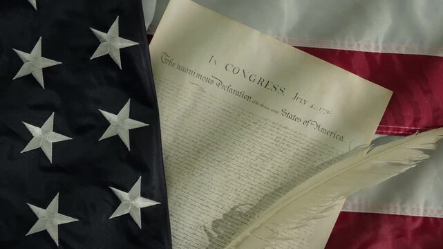 Independence Day, United States Declaration with feather pen and American flag rotating 