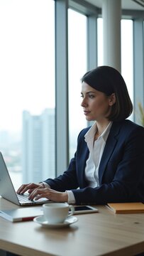 A young professional woman dressed in business attire working on her laptop. She is seated at a desk with an office environment and urban view outside the window.