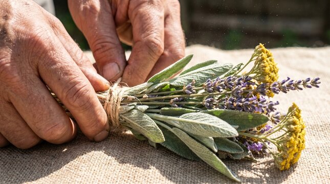 Close-up of hands tying white sage and dried summer flowers into a smudge stick bundle