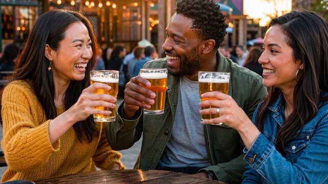 Group of mixed race friends enjoying beer outdoor.

