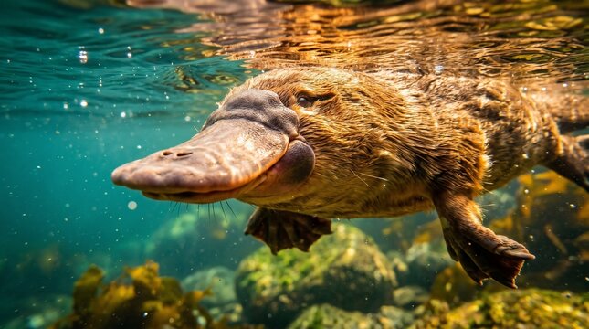 Duck-billed platypus swimming underwater in a freshwater river close up of the unique monotreme in its natural Australian habitat.