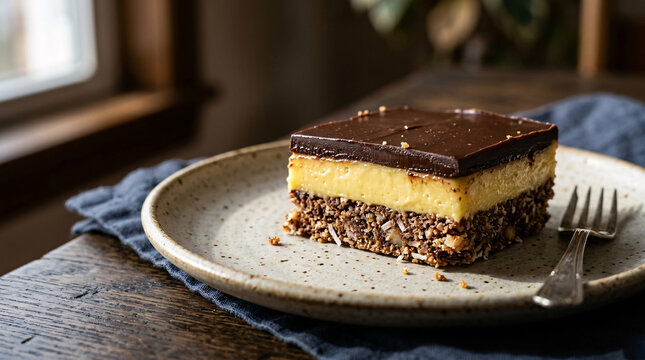 Close-up Nanaimo bar with chocolate custard and coconut crumb layers