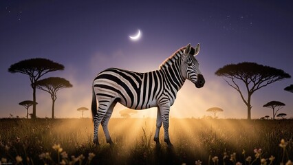 Obraz premium A zebra standing in a serene wilderness landscape at night, under the starlit sky with lighting that highlights its beauty.