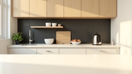Fototapeta premium Modern kitchen with sleek design and storage. Features include a sunlit window, black tile backsplash, stainless steel appliances, wooden cabinets, breakfast bar, and ample counter space.