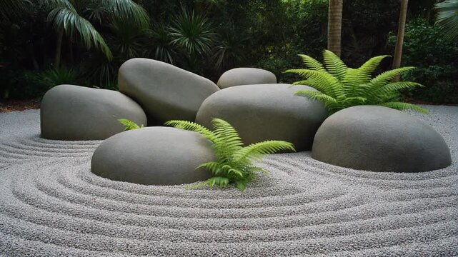 A serene garden scene featuring large stones and ferns in a meticulously raked sand area surrounded by lush greenery and dense foliage in a natural outdoor setting with a tranquil atmosphere.