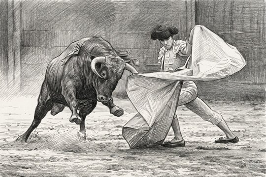Pencil drawing of a traditional Spanish bullfight (corrida de toros) featuring a matador with a muleta and a charging bull in an arena in Spain.