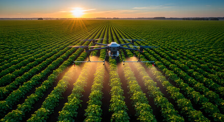 Fototapeta premium Drone spraying pesticides on crops at sunset, precision agriculture, farming technology, aerial view.
