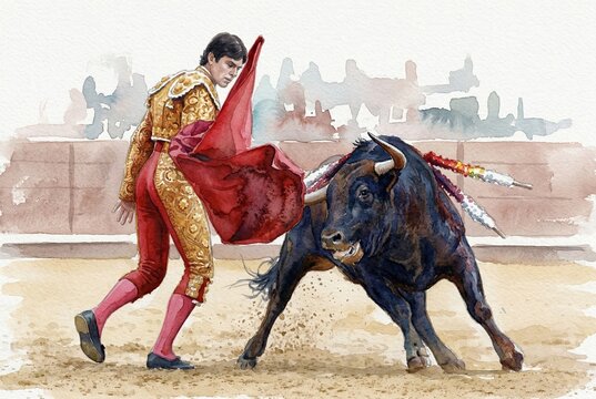 Watercolor painting of a man and bull in a Spanish arena (Plaza de toros) in Andalusia, Spain. Traditional culture.