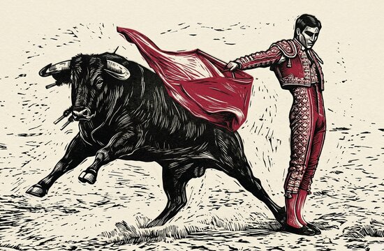 Two-color linocut illustration of a Spanish matador with a red muleta facing a bull during a traditional corrida in Spain.