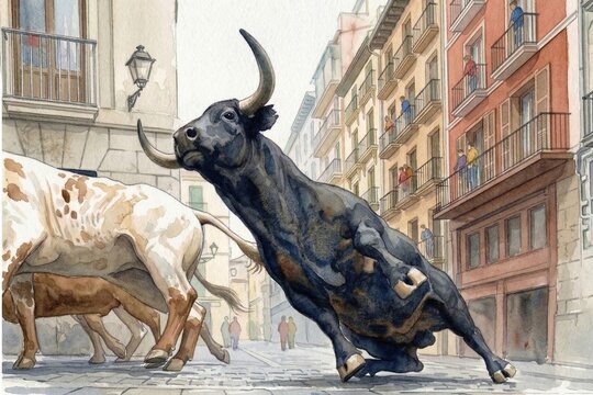 Watercolor painting of bulls during San Fermin (Fiesta de San Fermin) in Pamplona (Iruna). Features historic architecture and spectators on balconies.