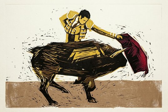 Two-color linocut of a matador and bull in Spain. Depicting a traditional bullfight (corrida de toros) in Andalusia.
