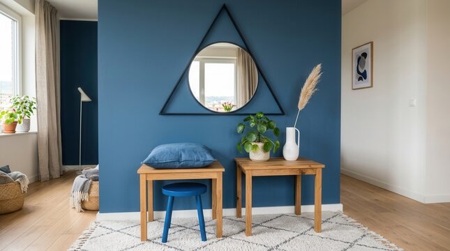 Corner room blue wall there is round Beautiful interior with comfortable