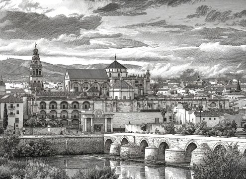 Classic engraving of Mosque Cathedral of Cordoba (Mezquita Catedral de Cordoba) and Roman Bridge (Puente Romano) in Spain.