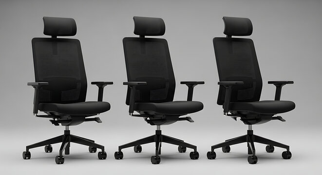 Three modern black office chairs lined up
