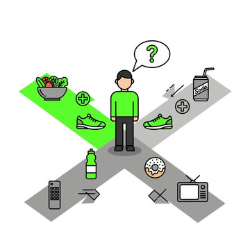 Person choosing between healthy lifestyle and unhealthy habits, decision making