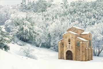 Naklejka premium Watercolor painting of San Miguel de Lillo (Iglesia de San Miguel de Lillo) in Oviedo, Asturias, Spain, surrounded by a snowy mountain forest in winter.