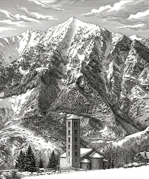 Classic engraving of Sant Climent de Taull (Iglesia de San Clemente de Tahull) in the Pyrenees, Catalonia, Spain. Medieval Romanesque architecture in a winter landscape.