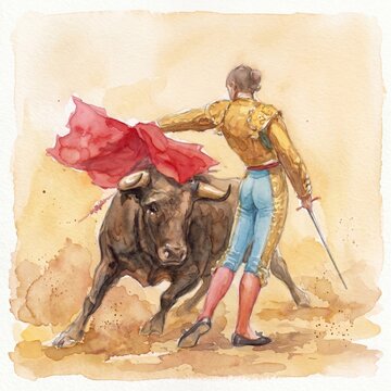 Watercolor painting of a Spanish bullfight (corrida de toros) featuring a matador with a red cape and a bull in an arena.