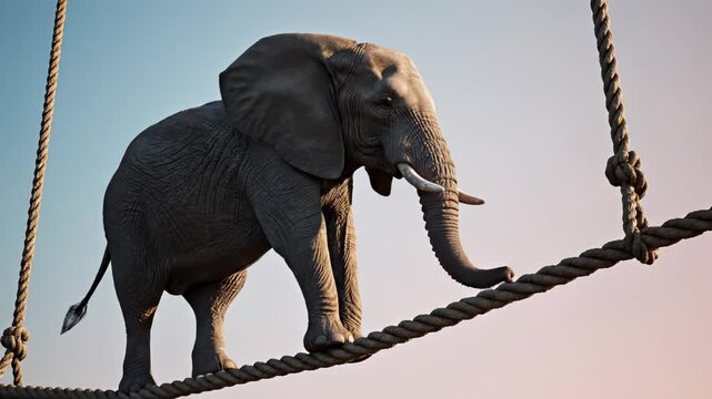 Elephant balancing on rope, showcasing its strength and grace. This majestic animal performs stunning act under bright sky. Perfect for wildlife, circus, or animal-themed projects.