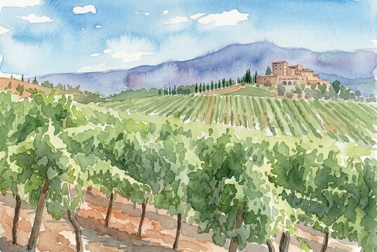 Watercolor painting of a rural landscape in Haro, La Rioja, Spain. Features green vineyard rows leading to a traditional Winery (Bodega) under a blue sky.