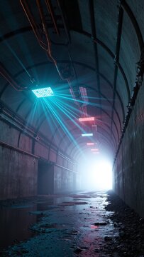 Underground tunnel with neon lights, dark atmosphere