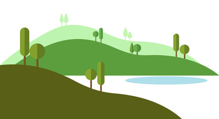 Fototapeta premium Stylized Landscape with Rolling Hills, Trees, and Lake, Flat Design