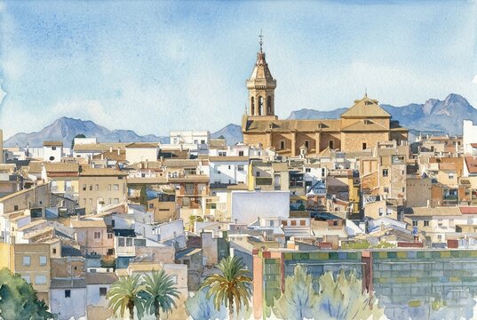 Watercolor painting of Barbastro (Barbastro) in Aragon, Spain. Features the Cathedral of Santa Maria del Romeral (Catedral de Santa Maria del Romeral) and mountains.