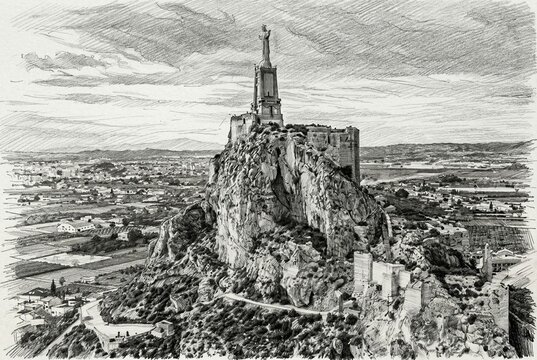 Pencil drawing of Monteagudo Castle (Castillo de Monteagudo) and the Statue of Christ (Corazon de Jesus) on a rocky hill in Murcia, Spain.