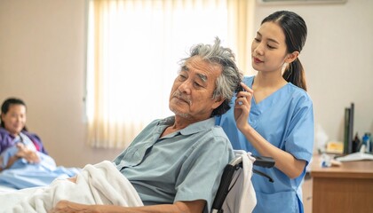 Obraz premium Candid Caregiver: A daughter brushing her father's hair in a care facility, soft focus, authentic 