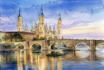 Fototapeta premium Watercolor painting of Basilica del Pilar (Basilica de Nuestra Senora del Pilar) and Stone Bridge (Puente de Piedra) over Ebro River in Zaragoza, Spain.