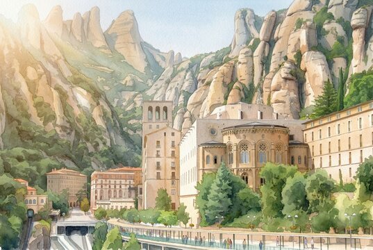 Watercolor painting of Santa Maria de Montserrat Abbey (Abadia de Montserrat) in Catalonia, Spain. Mountain landscape with religious architecture and tourists.