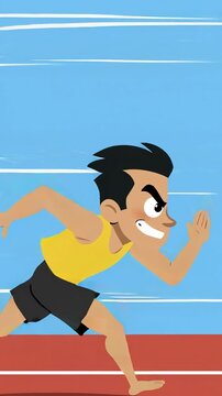 Male sprinter character running exceptionally fast on a red athletic track in a 2D flat vector cartoon animation style with no outlines, vibrant colors and a clean minimalist blue screen background.