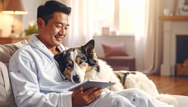 Telehealth Comfort: A man in pajamas talking to a doctor on a tablet, a dog sleeping on his lap, relatable home life.