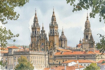 Fototapeta premium Watercolor painting of the Cathedral of Santiago de Compostela (Catedral de Santiago de Compostela) in Galicia, Spain, featuring its iconic baroque towers and facade.