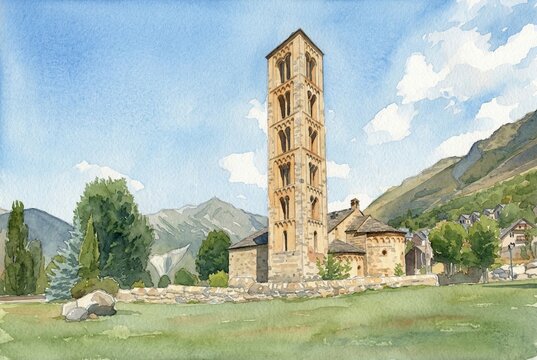 Watercolor painting of Sant Climent de Taull (Iglesia de San Clemente de Tahull) in Catalonia, Spain. Featuring the iconic Romanesque bell tower and Pyrenees mountains.