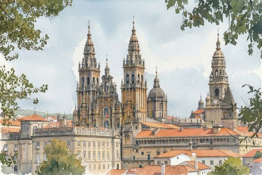 Watercolor painting of the Cathedral of Santiago de Compostela (Catedral de Santiago de Compostela) in Galicia, Spain, featuring its iconic baroque towers and facade.