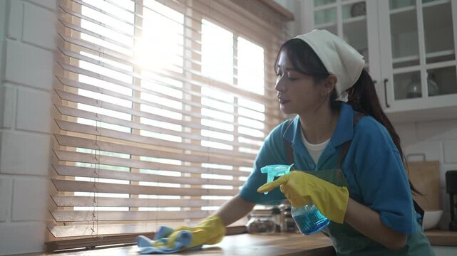 Housekeeper is cleaning a kitchen. Occupation, Blue collar worker.