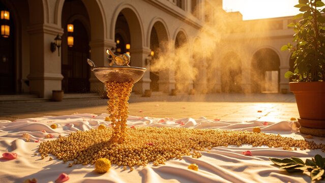 An Indian religious ceremony with a golden dipped agarbatti, flowers, and marigolds arranged on a decorated cloth. A traditional offering to the gods.