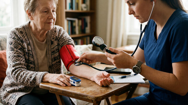 Nurse Measuring Blood Pressure of Senior Patient at Home Setting