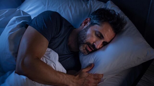 Depressed man lying in bed cannot sleep from insomnia.

