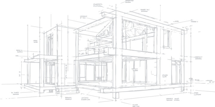Architectural 3d project design showing a technical sketch of a house and building structure with interior furniture plan for modern city construction engineering