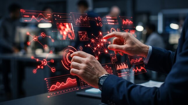 Businessman interacting with futuristic digital interface in office setting with graphs and charts