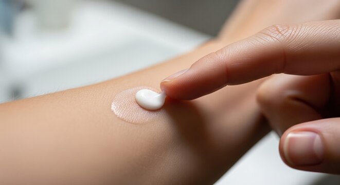 Patch test on inner arm before skincare use shows careful routine for sensitive skin, allergy awareness and gentle product testing in one clear scene.