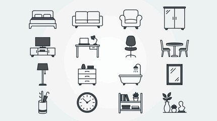 Fototapeta premium A set of furniture and home interior vector icons displayed in a grid layout.