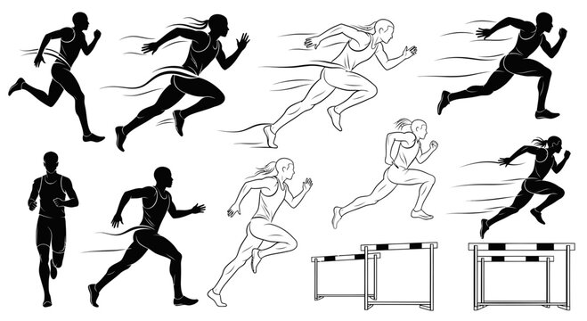 Athletes Running Race, Hurdles, Silhouette, Line Art, Sports Competition