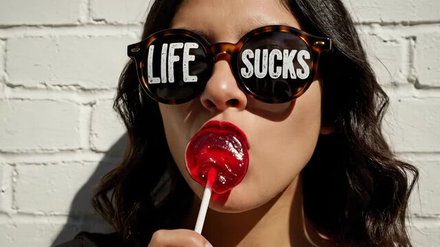 Young woman enjoys lollipop with funny sunglasses. Bright urban setting captures playful mood. Life sucks message adds humor to modern lifestyle. Enjoyment and light-heartedness shine through.