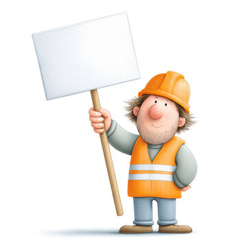 Watercolor cartoon of protesting oil rig worker in safety vest and hard hat holding blank sign for activism design on a white background