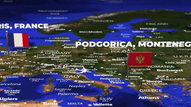 Flight From Paris FRANCE to Podgorica MONTENEGRO with flag pins